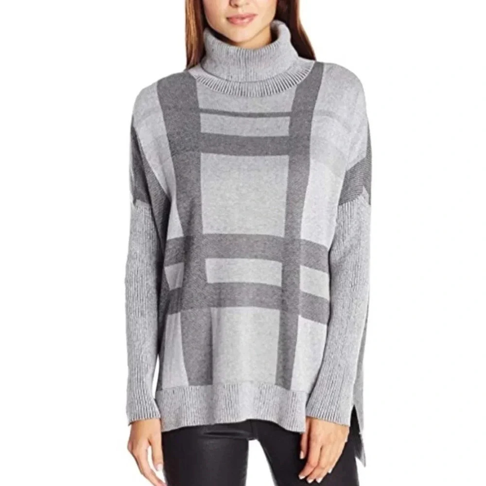 Minnie Rose Plaid Turtleneck Sweater Women’s XS/S Gray Grid NWOT